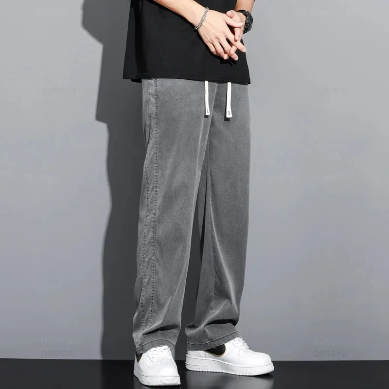 Summer Soft Lyocell Fabric Men's Jeans Thin Loose Straight Pants Drawstring Elastic Waist Korea Casual Trousers Plus Size M-5XL — image 3