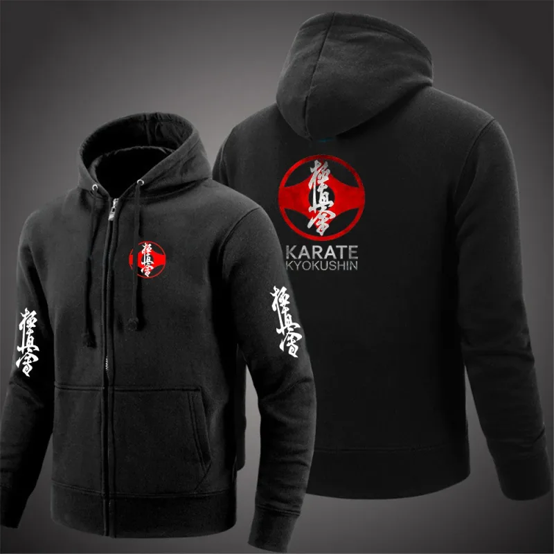 Kyokushin Karate Printed Hooded Long Sleeve Men Jacket Drawstring Zipper Closure Solid Color Casual Sweatshirt Clothing