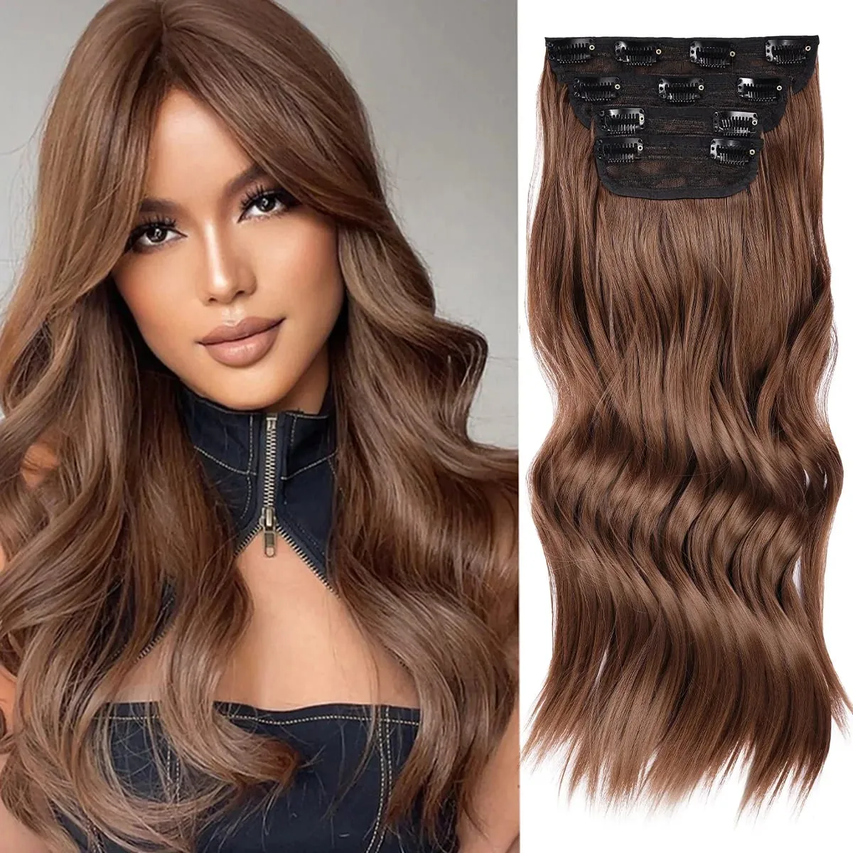 Clip in Synthetic Hair Extensions Long Wavy 4PCS Thick Hairpieces Dark Brown Fiber Double Weft Natural Hair Extensions For Women — image 16
