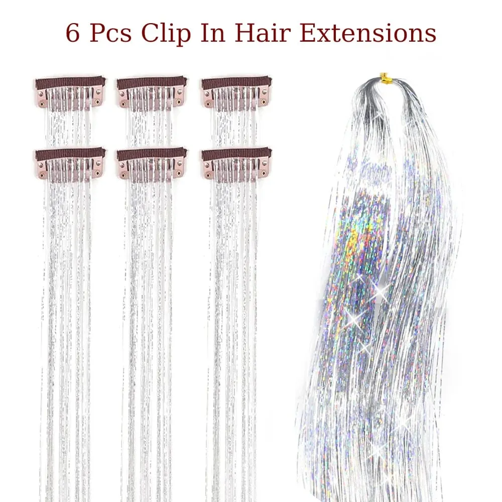 Balení 6ks Clip In Tinsel do vlasů 20palcový barevný třpytivý Tinsel Prodlužování vlasů Festivalový dárek Tinsel Fairy Hairpiece