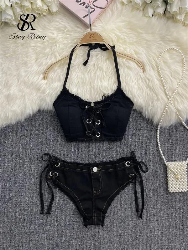 Retro Women Bikini Denim Suits Summer Halter Camis+ Mini Pant Lingerie Fashion Vacation Swimsuits Sexy Bra&Briefs Sets — image 9