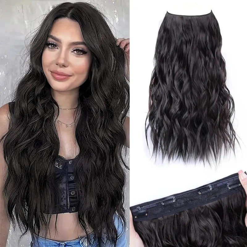 Synthetic 4 Clips Invisible Wire Hair Extensions Long Wavy Natural Fish Line One Piece False Hairpiece Hair Extension For Women