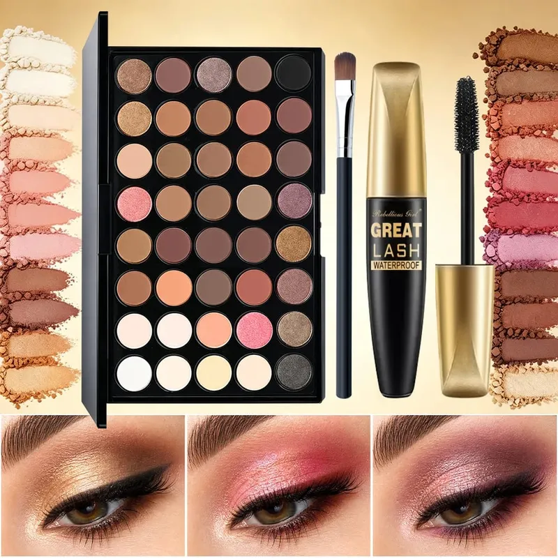 3pcs Makeup Sets for 40 Colors Rainbow Eyeshadow Palette+Black Mascara with 1pc Brush 3 In 1 Makeup Kit For Daily Party Daily