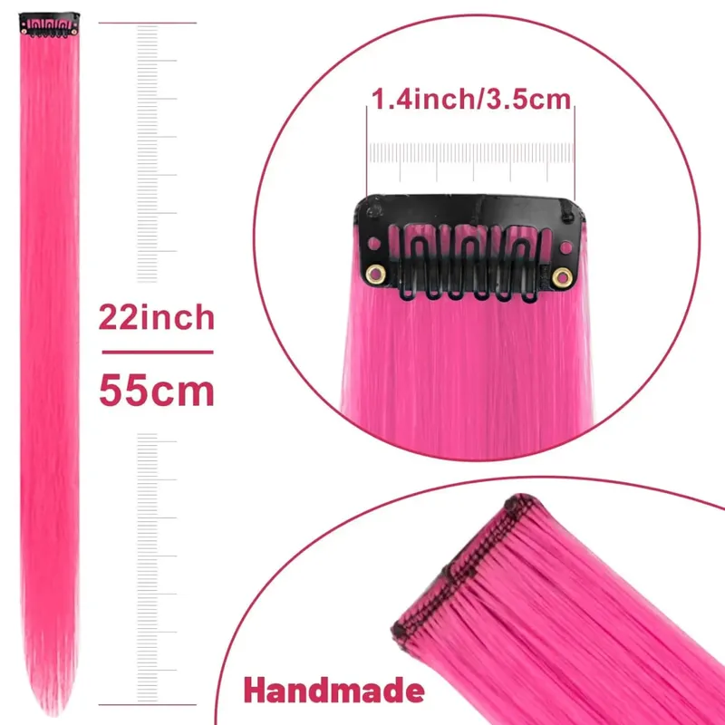 Synthetic 5PC Colored Hair Extensions 22Inch Straight Clip in Christmas Extension Rainbow Party Highlights Hairpiece for Girls — image 7