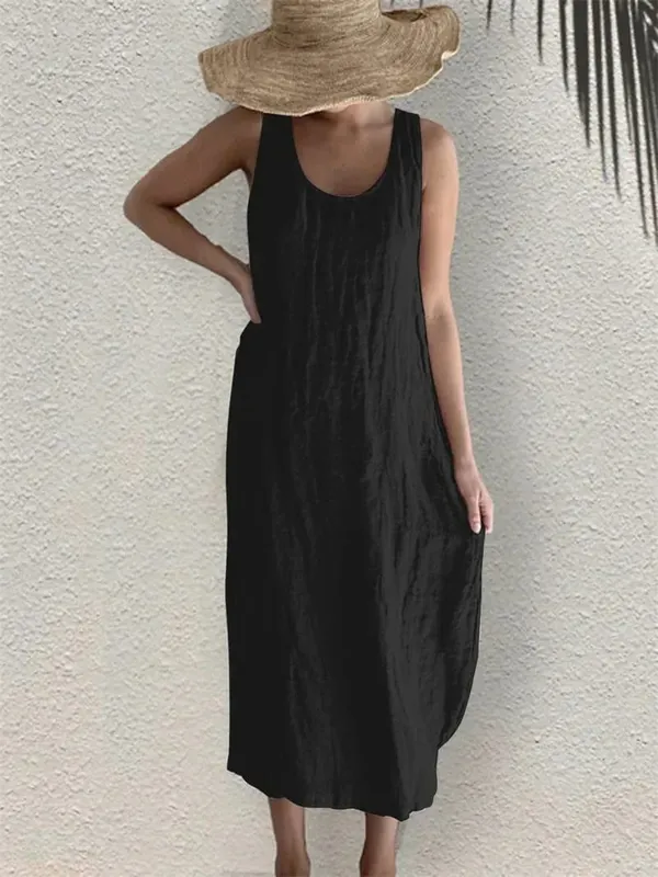 Women Comfortable Casual Cotton Linen Dresses 2026 Summer Solid Color Side Pockets Dress Female O Neck Pullover Sleeveless Gown — image 3