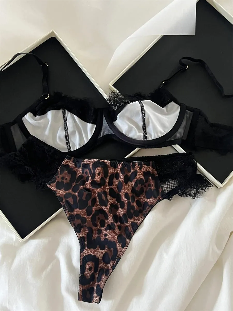 French Underwear Set Leopard Sexy Steel Ring Lace Triangle Cup Bra Brief Suits Vintage Fashion Push Up Lingerie Ins Bodycon — image 5