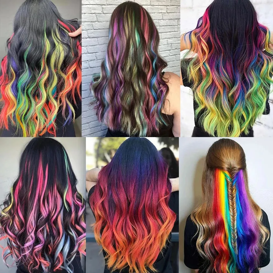 Synthetic Hair Extensions With One Clip Heat Resistant Rainbow Hair Piece For Kid Women Long Curly Wavy Style Colorful Hair