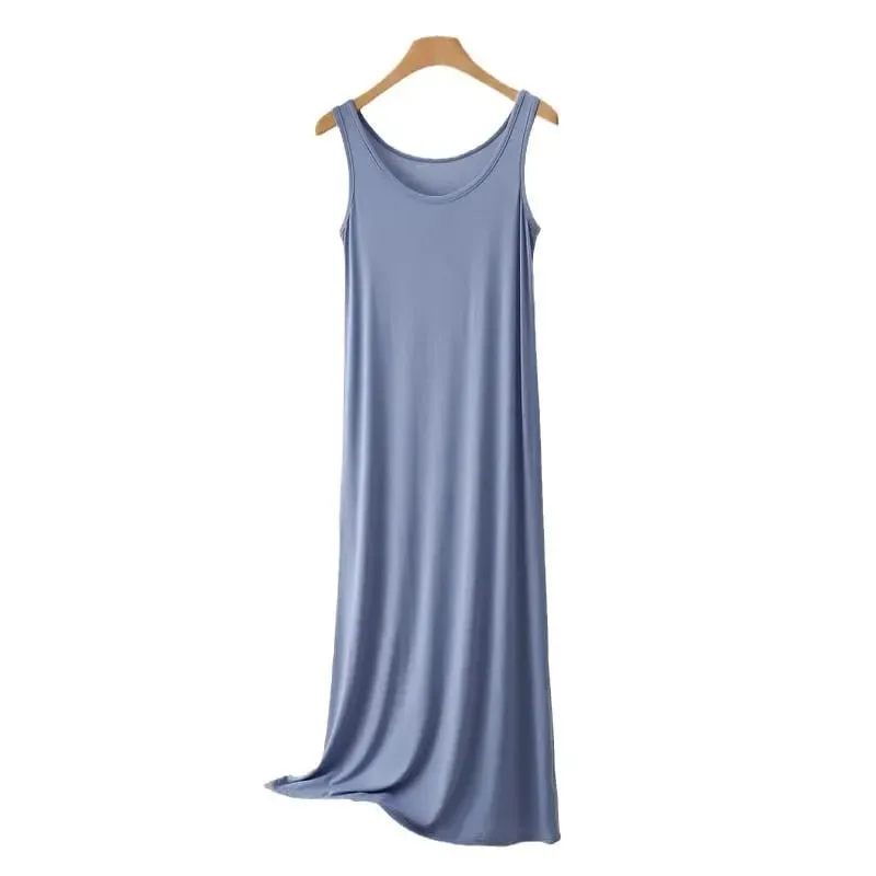 Plus Size Modal Long Dress Women's Spring Summer Loose A- Line Bottoming Skirt Home Sleepwear Sleeveless Pure Color Gown — image 6