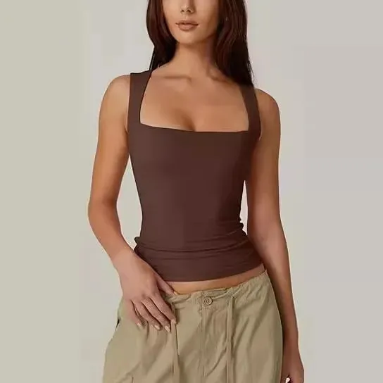 2026 Summer Women's Square Neck Sleeveless Double Layer Tank Top Basic Tight T-shirt Y2k Goth Tank Top Women Crop Tops — image 10