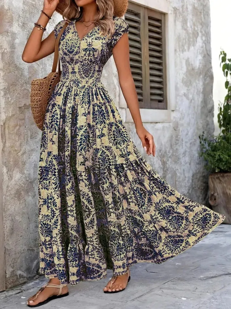 2026 Vintage trykt kjole Moderigtigt og elegant V-hals Kortærmet Jumpsuit Lang nederdel Dametøj — image 4