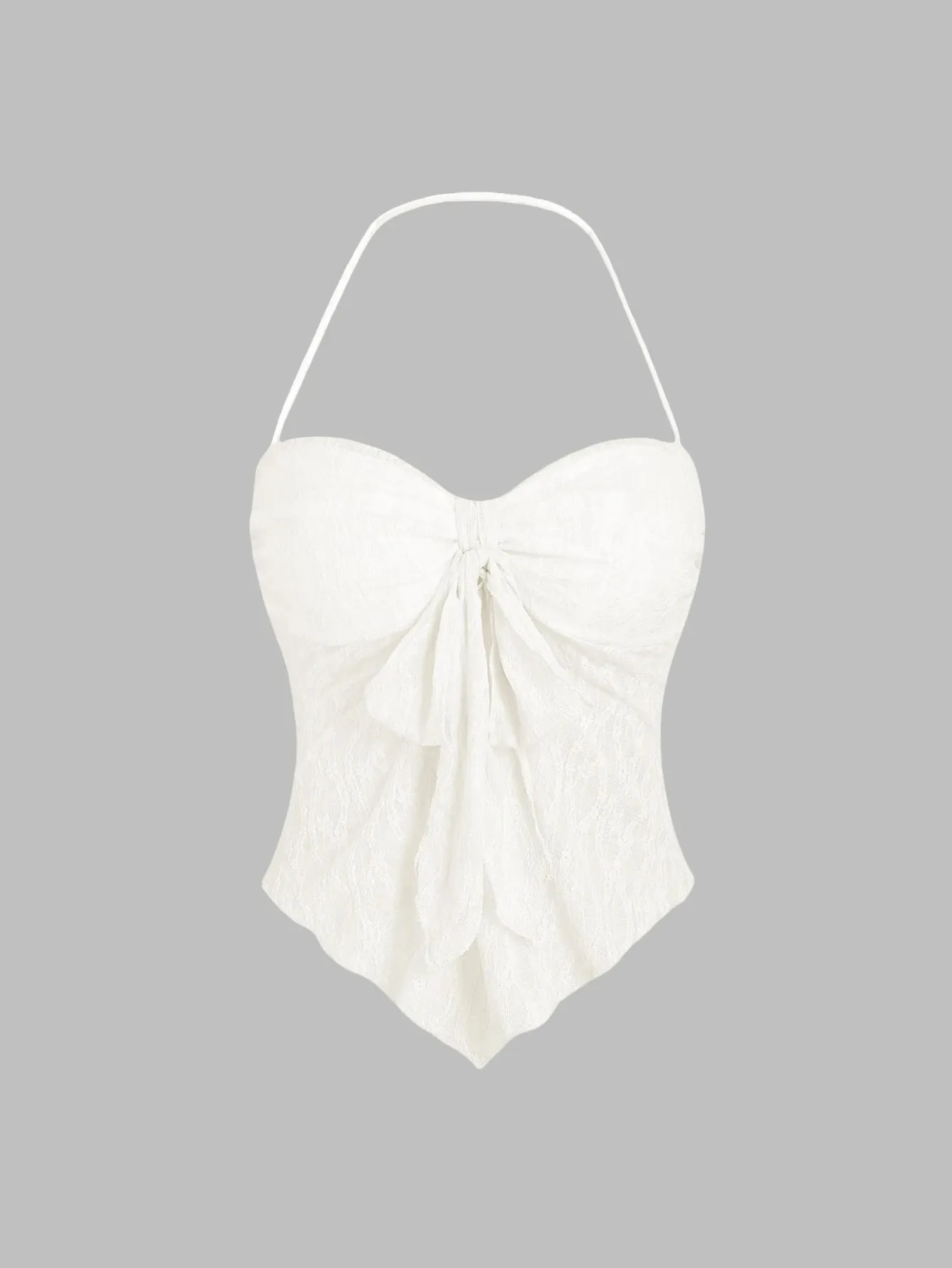 Wanita Halter Sayang Leher Depan Busur Ruched Renda Slim Fit Hem Tidak Teratur Cami Top dengan Built In Bra 2026 liburan Musim Panas Solid