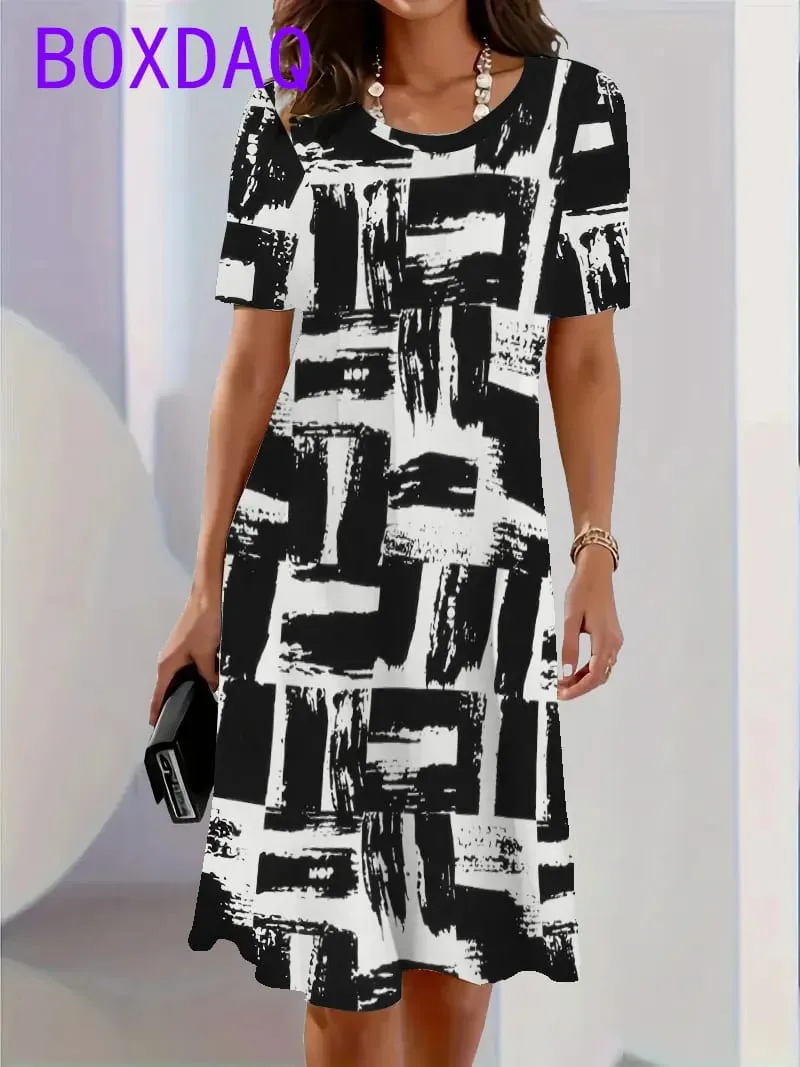 2025 New Women's Dresses Graphic Print Elegant Beautiful Mini Dresses Female Summer Loose Short Sleeve O-Neck Print A-Line Dress