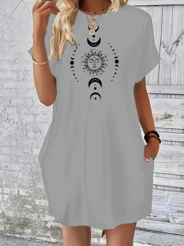 Ladies' summer loose sun moon planet pattern printed round neck short sleeved pocket comfortable casual plus size dress — image 10