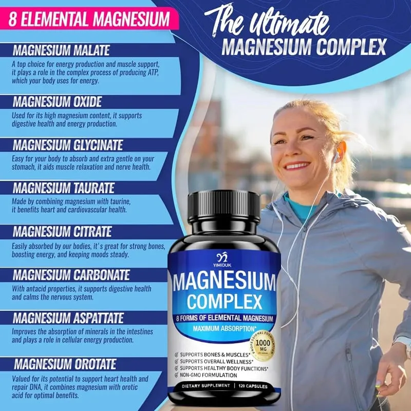 Suplemen Kompleks Magnesium 1000mg -Magnesium Glycinate Citrate Malate Taurate Chelated untuk Tenaga Pemulihan Otot Tulang