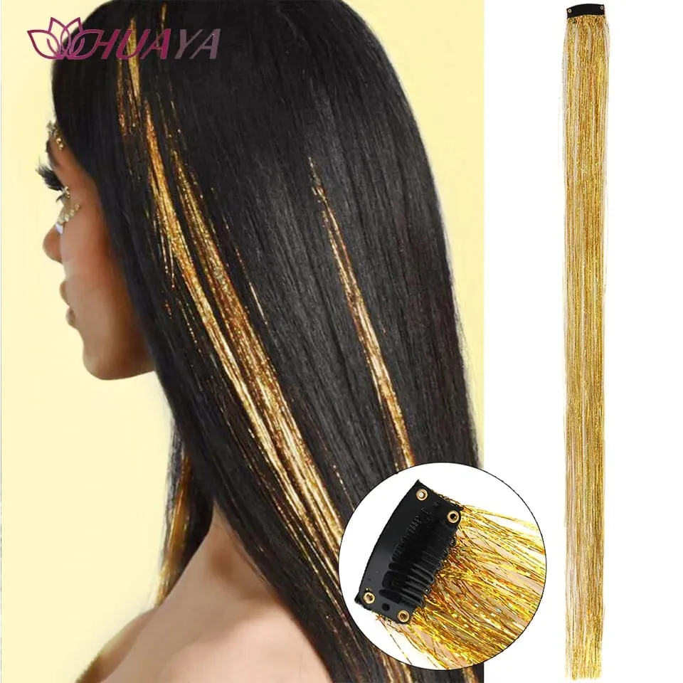 Synthetic Multicolor Colorful Sparkle Clip in Hair Tinsel Strands Long Straight Hair Extensions Blue Silver Highlight Hairpieces