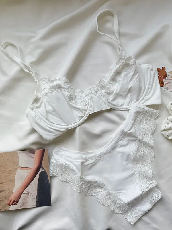 Rosafarbenes, ungefüttertes Vollschalen-BH-Set, Bügel, Spitzenbesatz, Lift, bequem, minimalistisch, nahtlos, hautfreundlich, Alltags-BHs und Höschen — image 10
