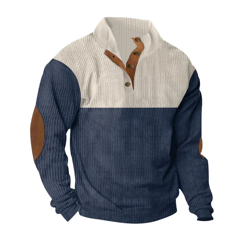 Men's Hoodies Spring And Autumn Corduroy Casual Patchwork Stand Collar Button Sports Hoodie Man Clothing — image 12