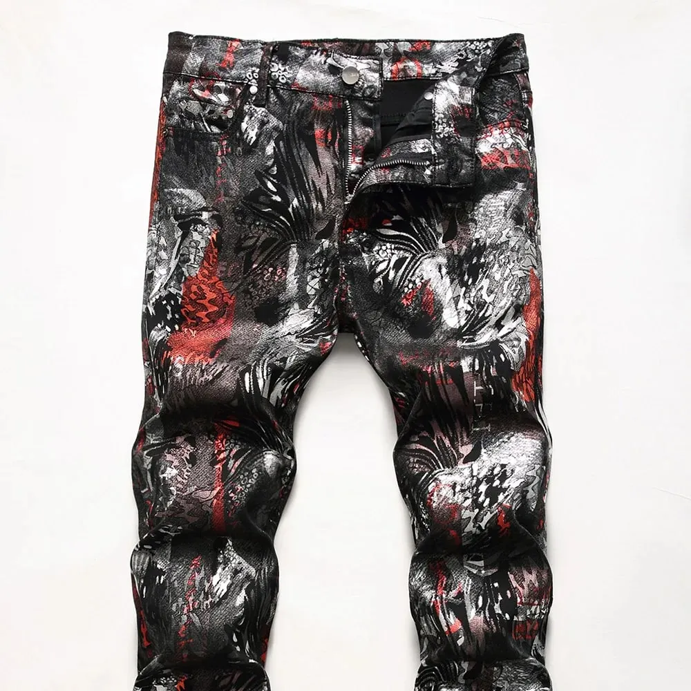 Men Coated Denim Jeans Fashion Shinny Leopard Abstract Pattern Printed Pants Slim Tapered Trousers — image 3