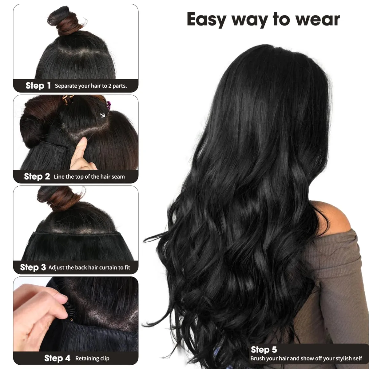 Invisible Wire Hair Extension Wavy Curly Synthetic Hairpiece Long 20Inch Fish Line Hair With 2 Clip-In One Piece For White Woman — image 6