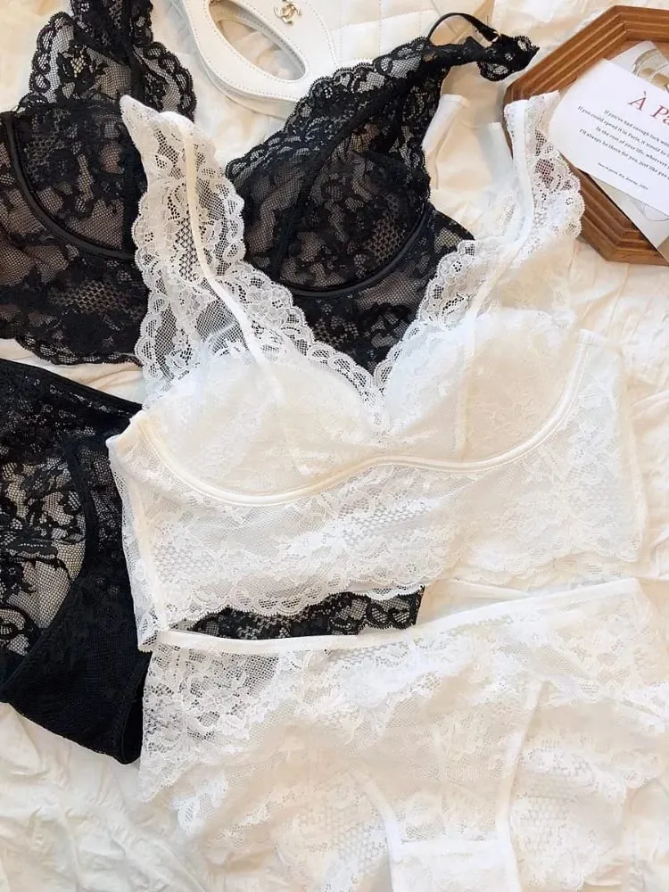 Lace Bralette Set - Wireless Anti Sagging Bra Adjustable Breathable Lingerie No Underwire Comfort Thin Sexy Everyday Wear