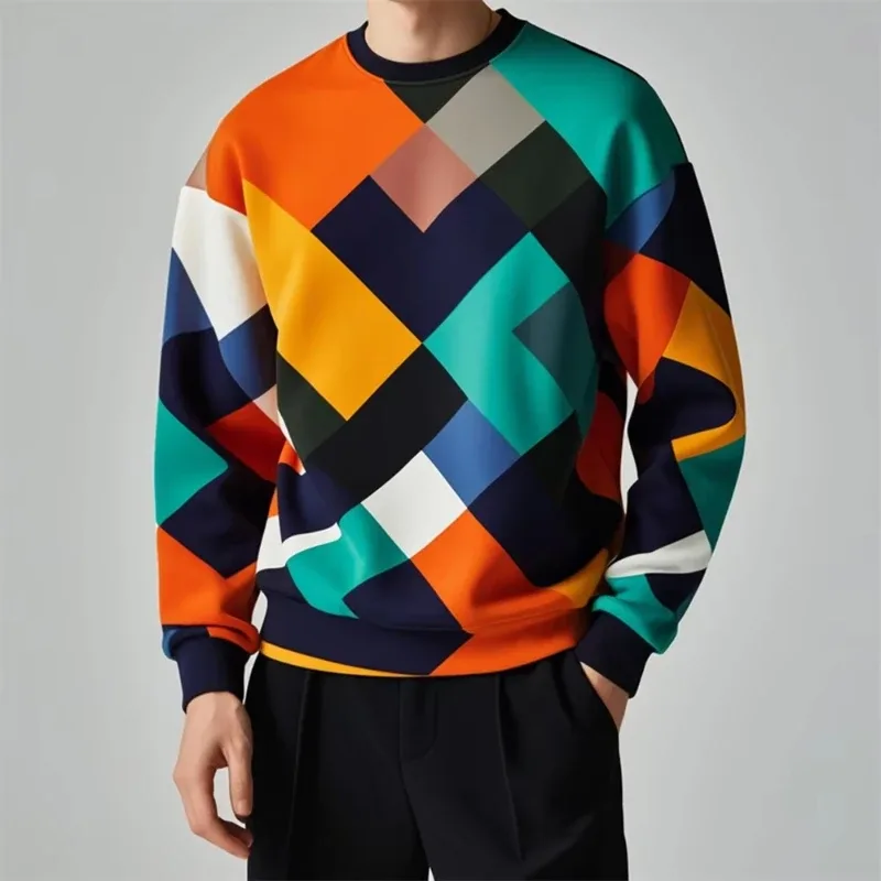 Fall Fashion Pullover Sweatshirt For Men 3d Colorful Geometry Graphic Print Round Neck Neck Hoodies Pullover Casual Male Clothes — image 7