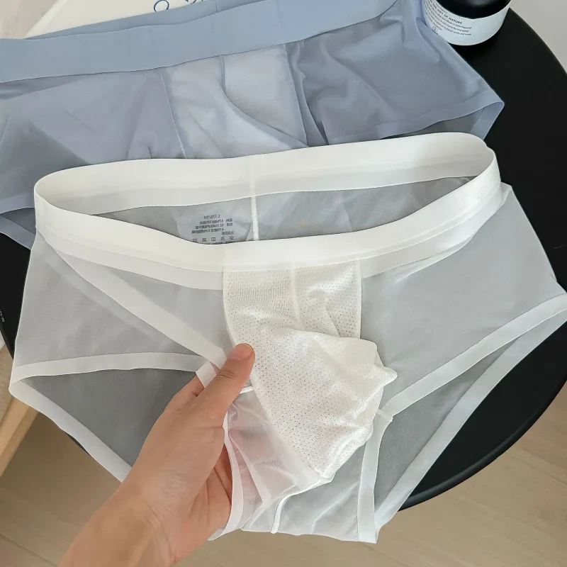 Transparente herren Slips Ultra-dünne Eis Seide Schnell Trocken Höschen Sexy U Ausbuchtung Beutel Mann Unterwäsche Atmungsaktive Unterhose cuecas