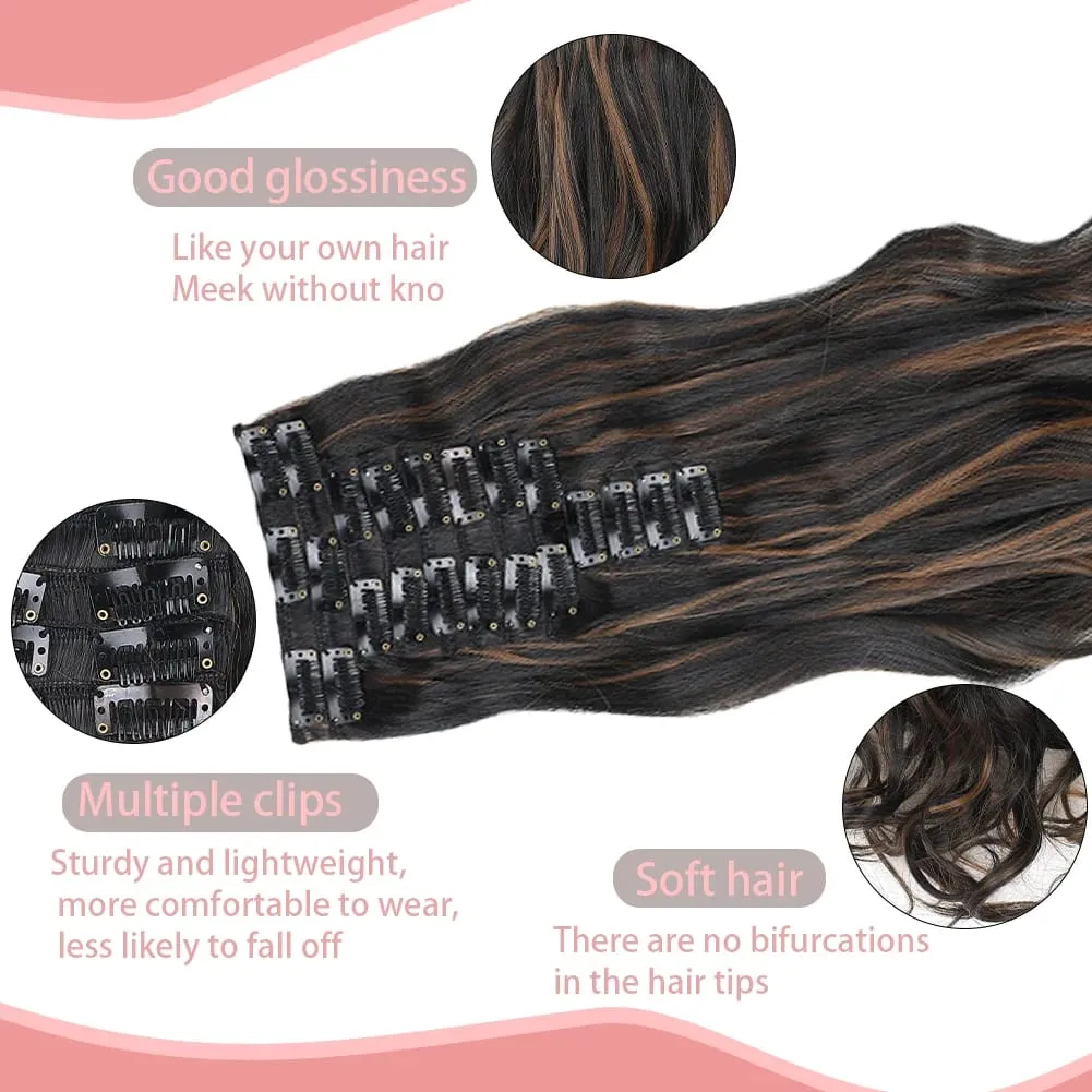 12pcs Highlight Balayage Dark Brown Hairpieces Clip in Hair Extensions 24inch Light Brown&Honey Blonde Synthetic Wavy Hair — image 2