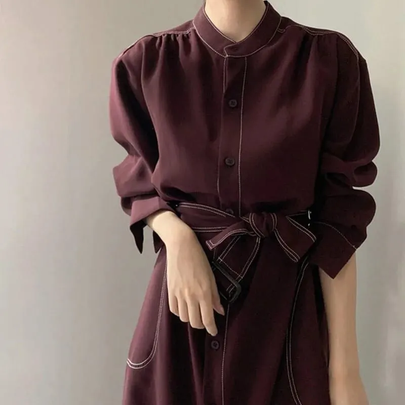 Spring Autumn Single Breasted Women's Shirt Dresses Sashes 2024 New Stand Collar Korean Casual Straight Dress Female