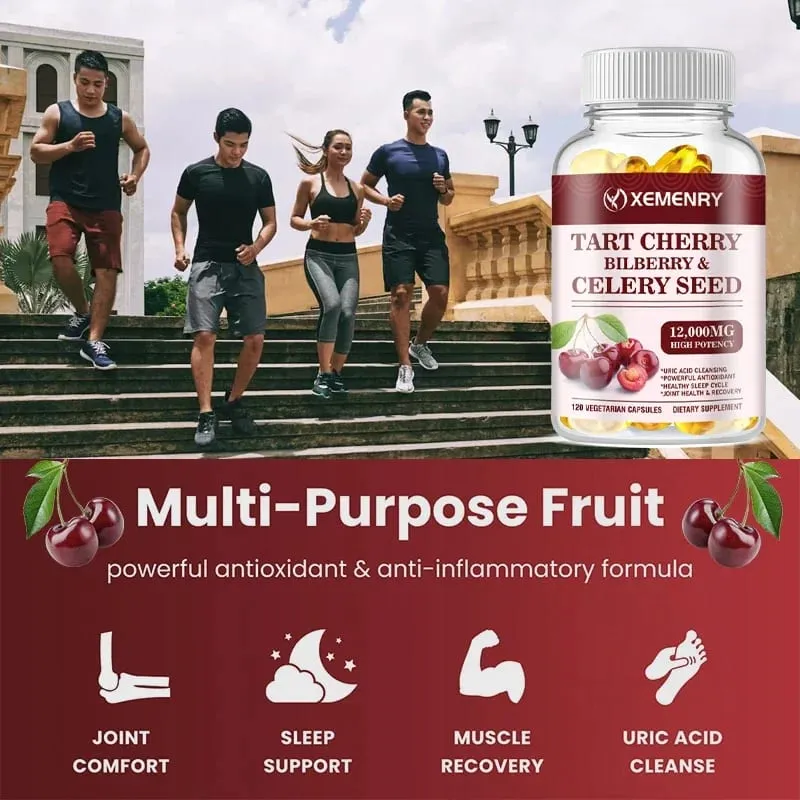 Organic Tart Cherry & Celery Seed Capsules - Uric Acid Cleanse Support Sleep & Joint Health Muscle Repair