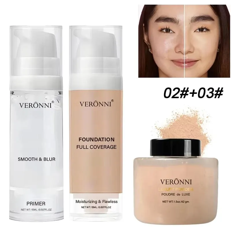3pcs Beginner Face Makeup Kit-Matte Foundation Makeup Hydrating Primer Oil-Control Loose Powder Full Coverage Face Concealer — image 9