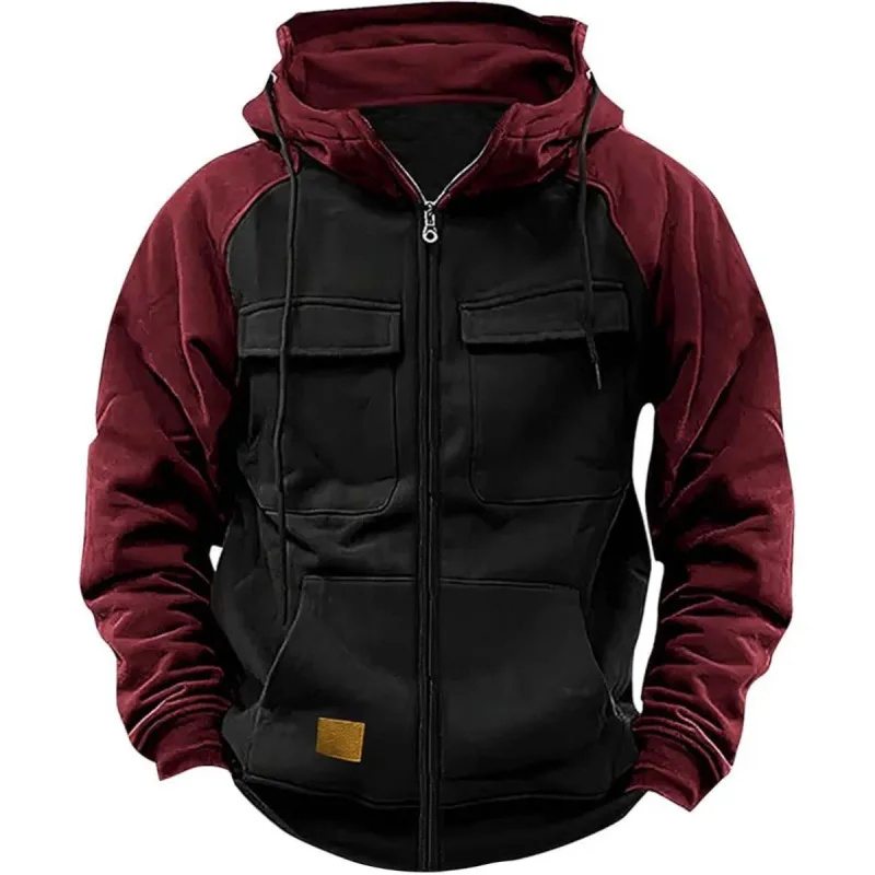 Men's Hooded Sweatshirt Zipper Patchwork Fleece Jacket Warm Sporty Autumn Winter with Multiple Pockets Fashionable Hood — image 1