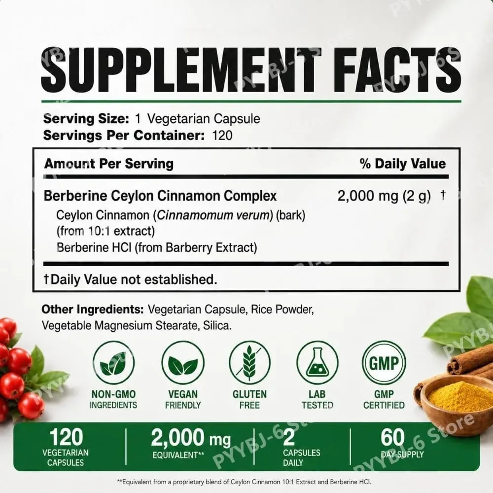 Berberine Ceylon Cinnamon Complex 2000mg Vegetarian Capsules Non-GMO Gluten Free Daily Wellness Supplement for Adults 120 Count