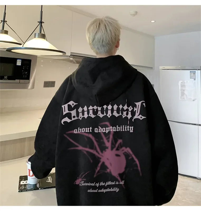 Autumn Gothic Spider Printed Hooded Sweatshirts Hombre Harajuku Streetwear Graphic Suede Hoodies Aesthetic Oversized Y2K Hoody
