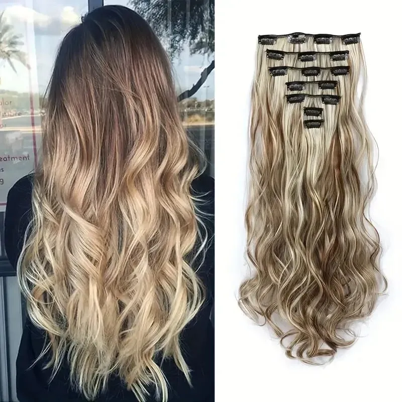 Clip In Hair Extensions 7PCS Full Head 22 Inch Long Curly Wavy Synthetic Hair Pieces Natural Wavy For Women Girls Hair — image 19