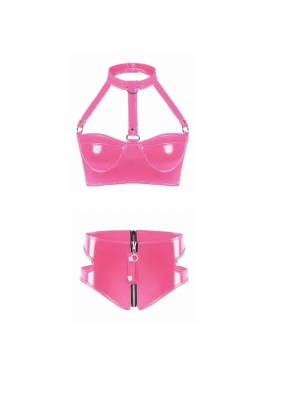 Womens Lingerie Intimates Underwear Set Rave Wet Look Patent Leather Wire-free No Padded Belly Bra Top with Zipper Panty Briefs — image 7