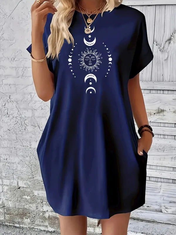 Ladies' summer loose sun moon planet pattern printed round neck short sleeved pocket comfortable casual plus size dress — image 7