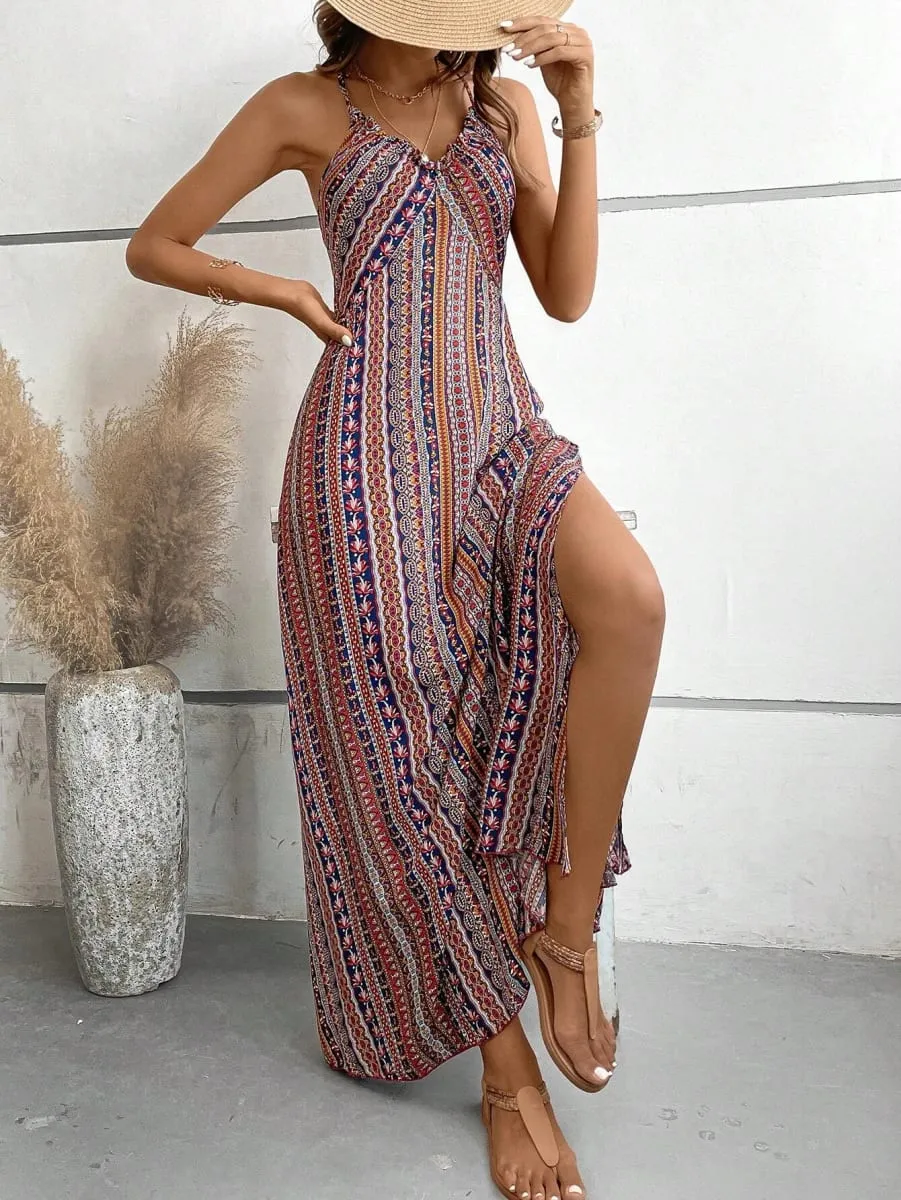 Women's Summer Ethnic Pattern Backless Split Thigh Dress Ladies Summer Clothes Boho Fashion Frill Trim Long Dress for Beach — image 4