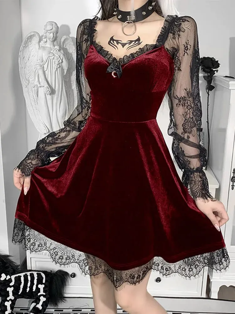 Gothic Lolita Girl Lace Trim Velvet A-Line Dress Wanita Perspektif Seksi Lengan Panjang V Leher Slim Mini Dress Kostum Pesta Cosplay