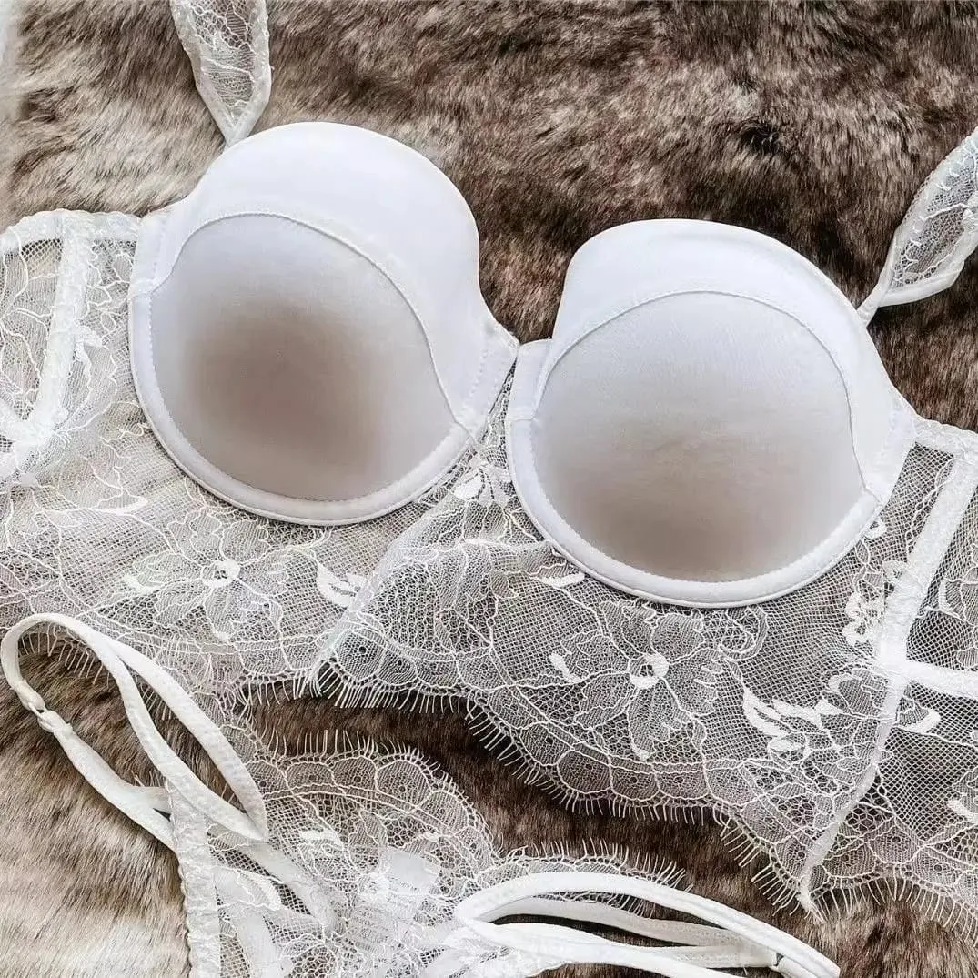 Sexy Lace Underwear Female Poly Poly Thin Soft Steel Ring up Support Anti-Sagging Collect Vice Breasts Solid Color Back Bra Set