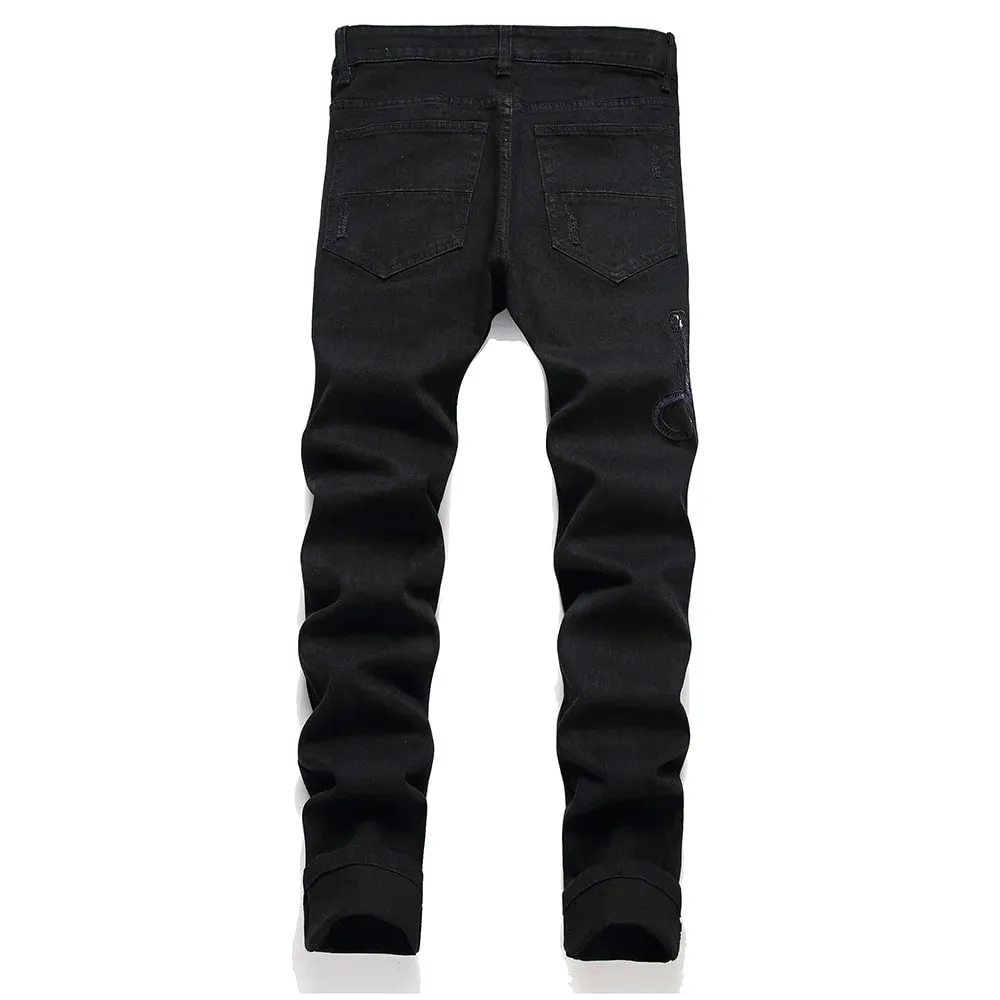 Men Snake Embroidery Jeans Streetwear Black Stretch Denim Pants Holes Ripped Distressed Slim Straight Trousers — image 2