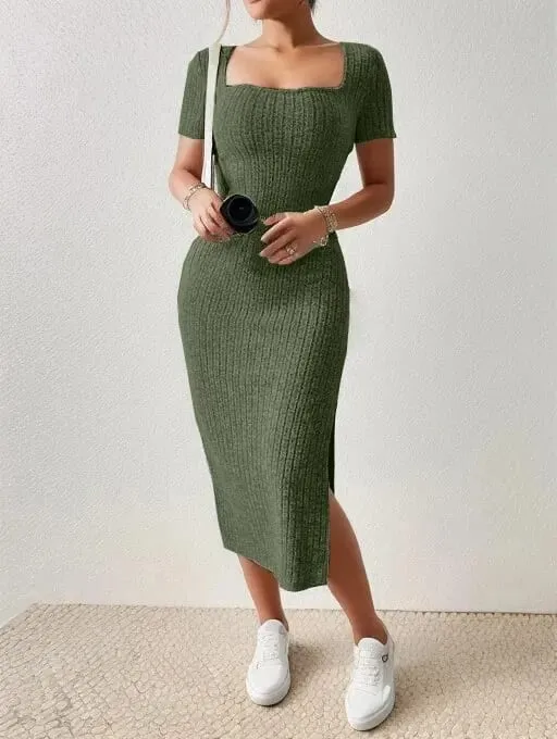 Summer Square Neck Hip-Hugging Mid-Length Skirt Short-Sleeved Versatile Knitted Slit Dress — image 8