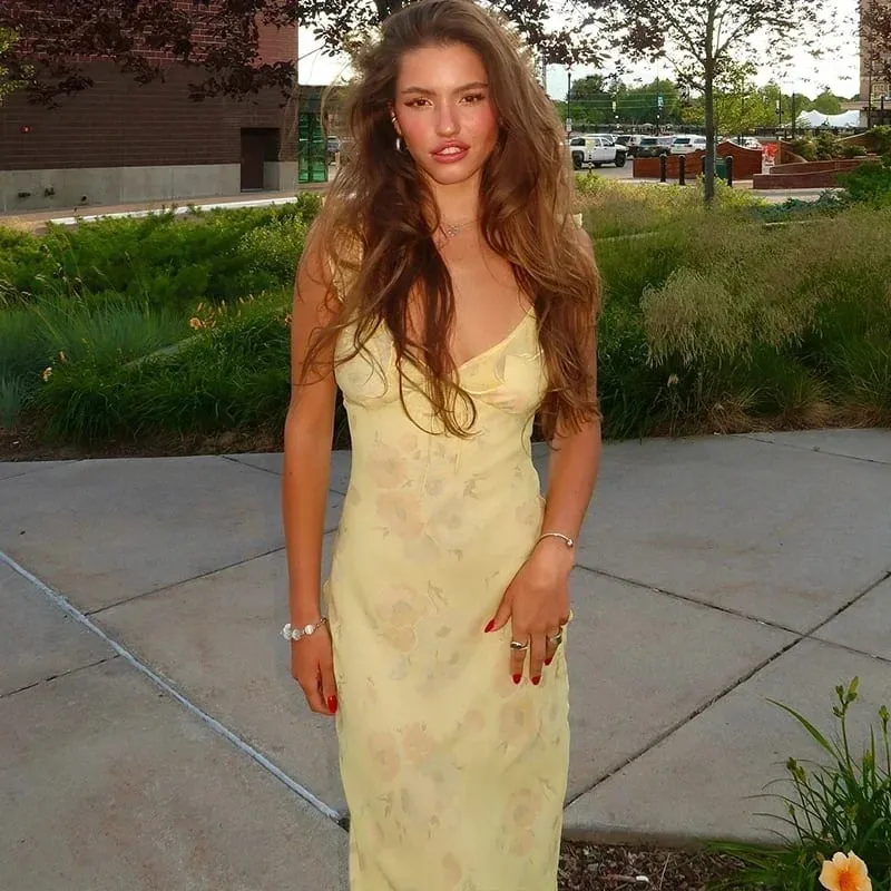 Retro V Neck Dresses Yellow Sleeveless Flower Print Maxi Long Dress Elegant High Waist Female Holiday Party Vestidos