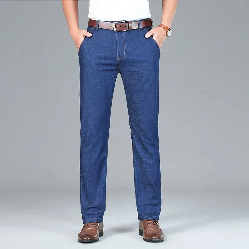 Men's Ice Silk Jeans Summer New Lyocell Thin Business Casual Denim Pants Classic All Match Slim Fit Straight Elastic Jean Male