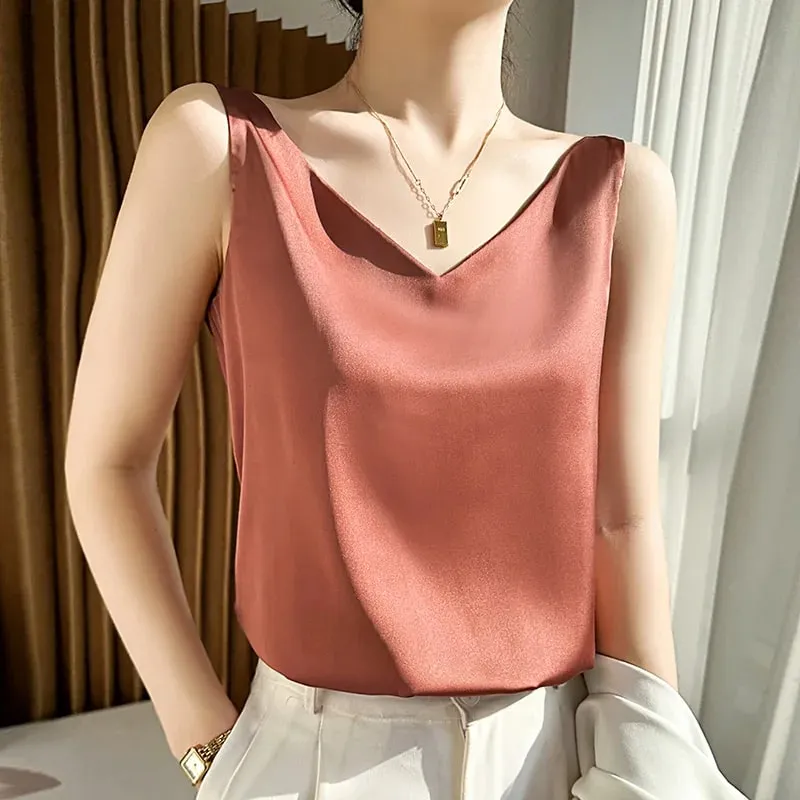 Silk Satin Women Double Shoulder Camisole Tank Top V-neck Sleeveless Top T-shirt Elegant Crop Top Solid Casual Basic 2025 Summer — image 16