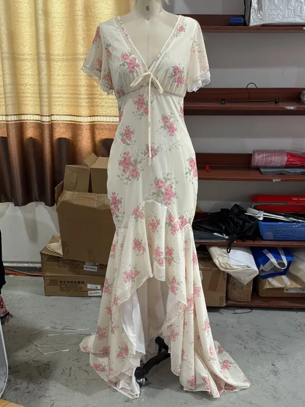 Abito lungo in chiffon con stampa floreale da donna Abito romantico con scollo a V profondo con maniche svolazzanti Abito alto e basso in pizzo 2026 Abito elegante da donna estivo — image 10