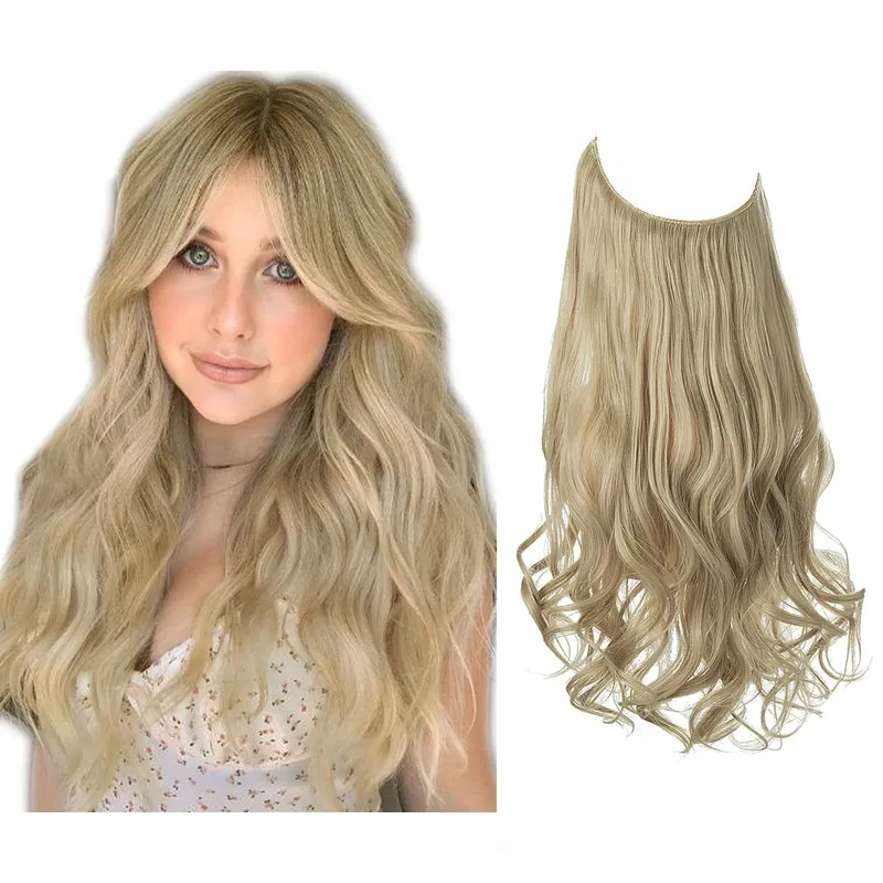 Synthetic No Clip Wave Hair Extensions Ombre Natural Blonde One Piece False Hairpiece Fish Line Fake Hair Piece