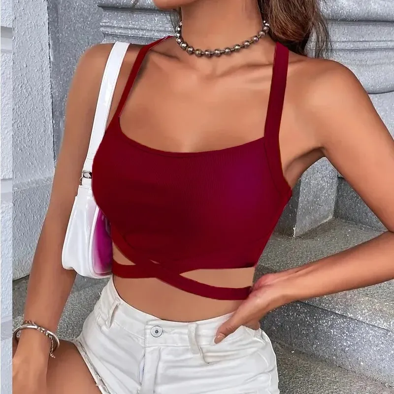 Y2k Women Summer Tank Tops Sexy Solid Color Backless Cross Bandage Crop Tops High Street Wear 2024 Fashion Wine Red Camis Corset — image 3