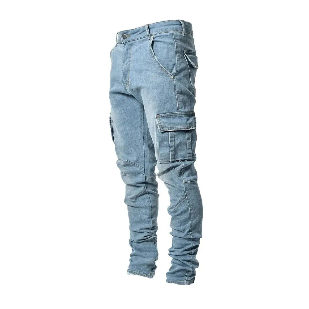 Men's street stretch denim jeans washed solid color multi pocket work pants casual slim fit daily wear jogging pants mid wa — image 7