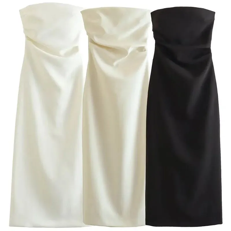 2025 Womens Strapless Dresses Summer Off White Black White Dress Midi Ruffled Off Shoulder Backless Dress Prom Vestidos 066 — image 2