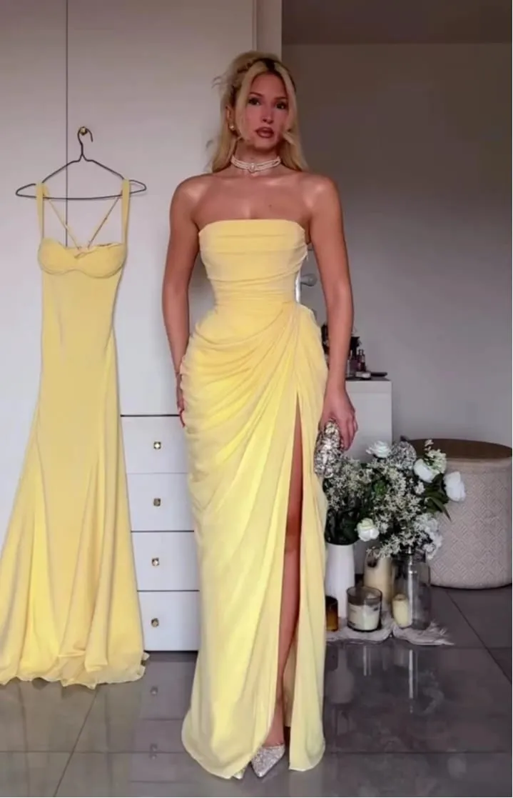 Mingmingxi lente zomer gele strapless maxi-jurk ruches hoge split avondjurk bodycon bruiloft gast feestjurk dames